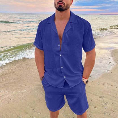 Summer Short Sleeve Button Shirt And Short Pockets Pant Linen Sets - GetHolidayReady.co.uk