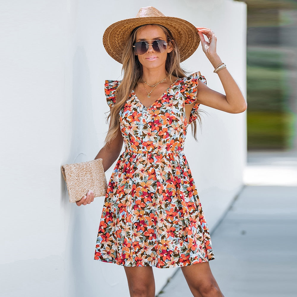 Floral Print V-Neck Ruffled Sleeves Holiday Beach A-line Dress - GetHolidayReady.co.uk