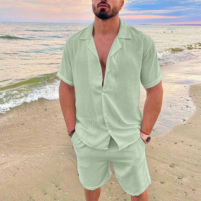 Summer Short Sleeve Button Shirt And Short Pockets Pant Linen Sets - GetHolidayReady.co.uk