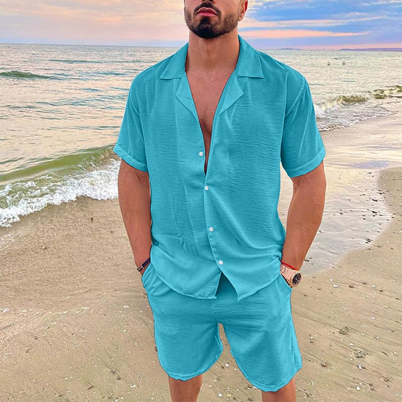 Summer Short Sleeve Button Shirt And Short Pockets Pant Linen Sets - GetHolidayReady.co.uk