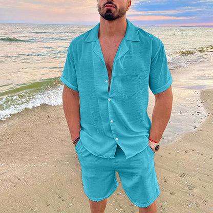 Summer Short Sleeve Button Shirt And Short Pockets Pant Linen Sets - GetHolidayReady.co.uk