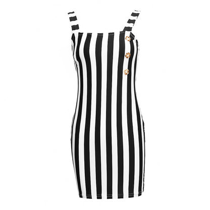Retro Vertical Striped Button Suspenders Sleeveless Dress - GetHolidayReady.co.uk