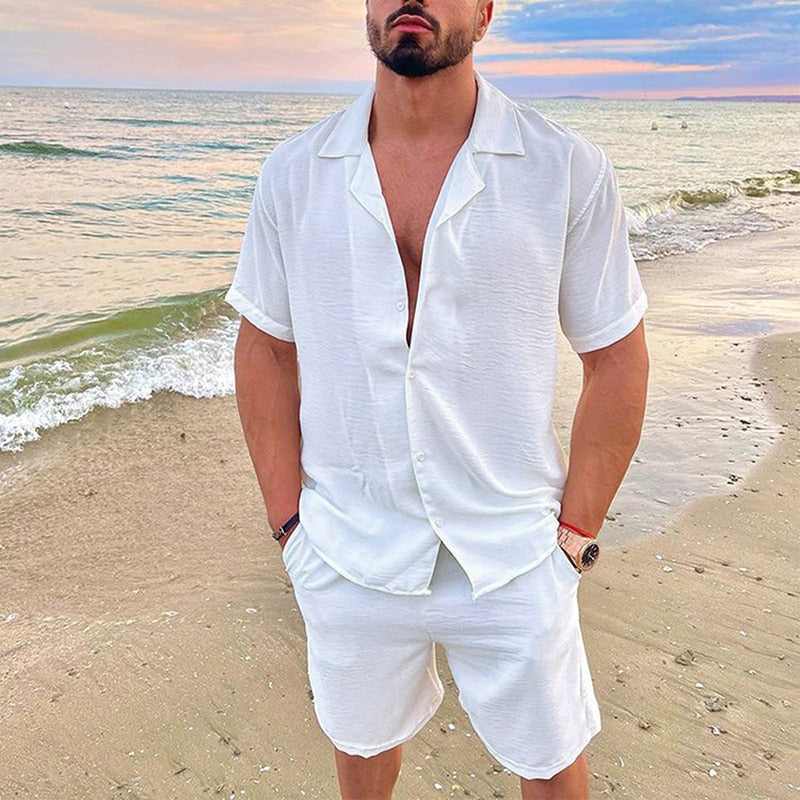 Summer Short Sleeve Button Shirt And Short Pockets Pant Linen Sets - GetHolidayReady.co.uk