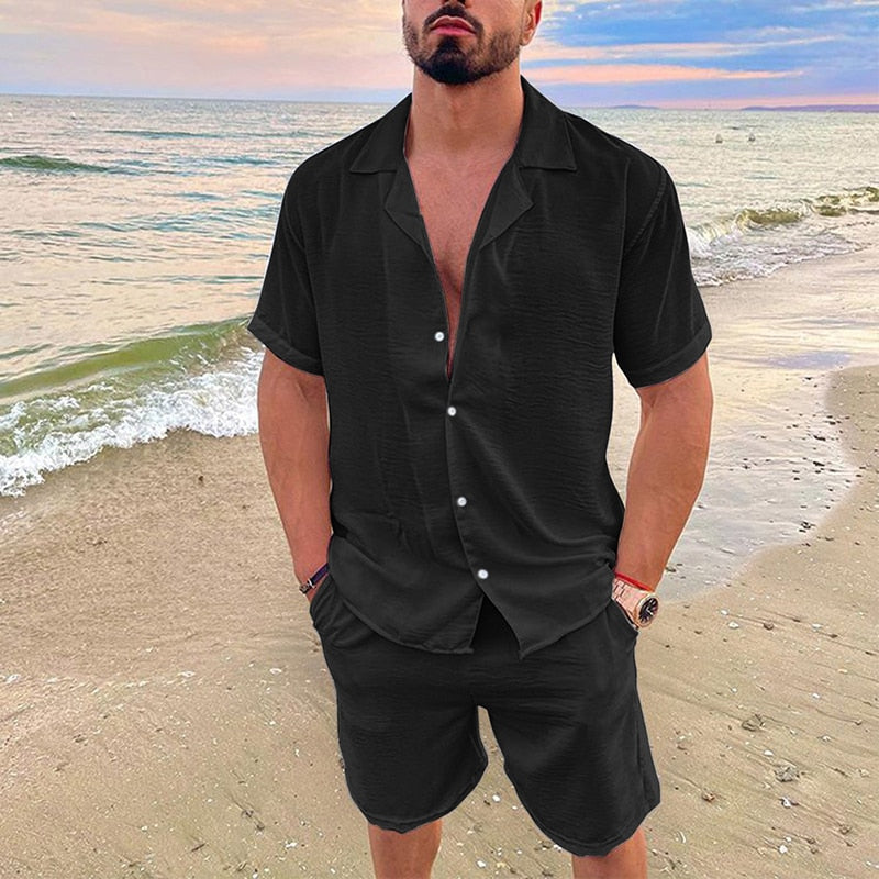 Summer Short Sleeve Button Shirt And Short Pockets Pant Linen Sets - GetHolidayReady.co.uk