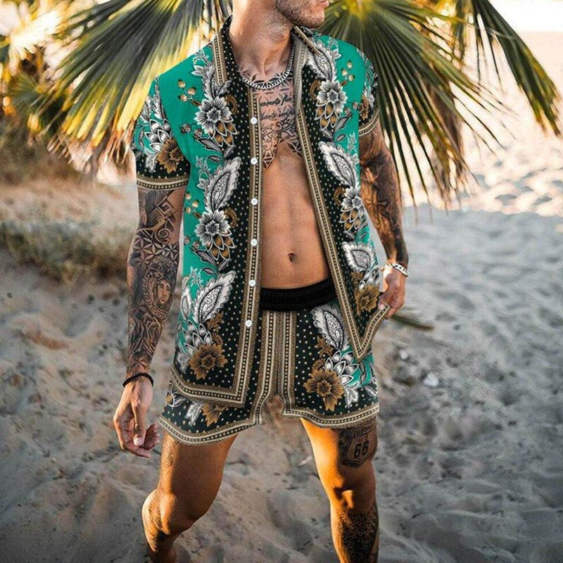 Hawaiian Printing Short Sleeve Button Shirt Beach Shorts Set - GetHolidayReady.co.uk