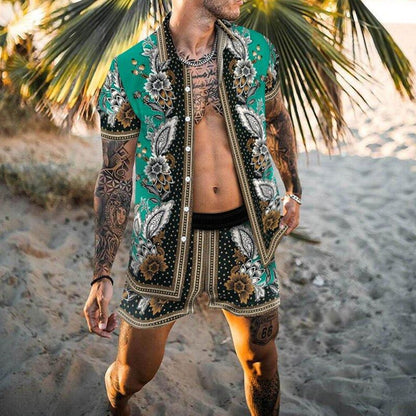 Hawaiian Printing Short Sleeve Button Shirt Beach Shorts Set - GetHolidayReady.co.uk